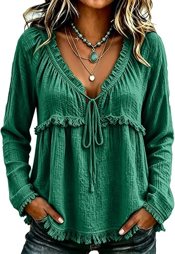 Fall Fringe Peplum Boho Tops for Women V-Neck Top