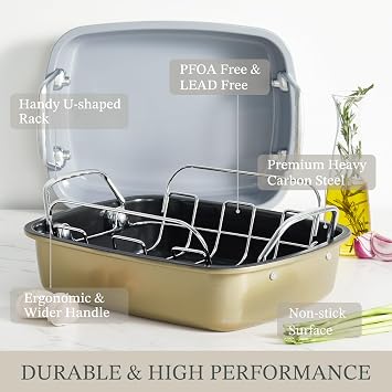 KITESSENSU Large Roasting Pan with Rack - 25 LB Nonstick Turkey Roaster Pan for Oven - Heavy Duty Carbon Steel Roasting Pan with Wider Handles for Chicken, Vegetables & Holiday Meals, Gray