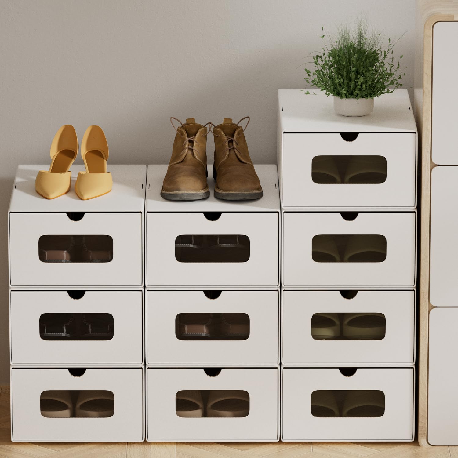 30 x portascarpe bianco puro con finestrella – Scatola pieghevole 35 x 23 x 13,5 cm, impilabile, scatola per scarpe, cassetto, scatola multiuso in cartone kraft fino a 45