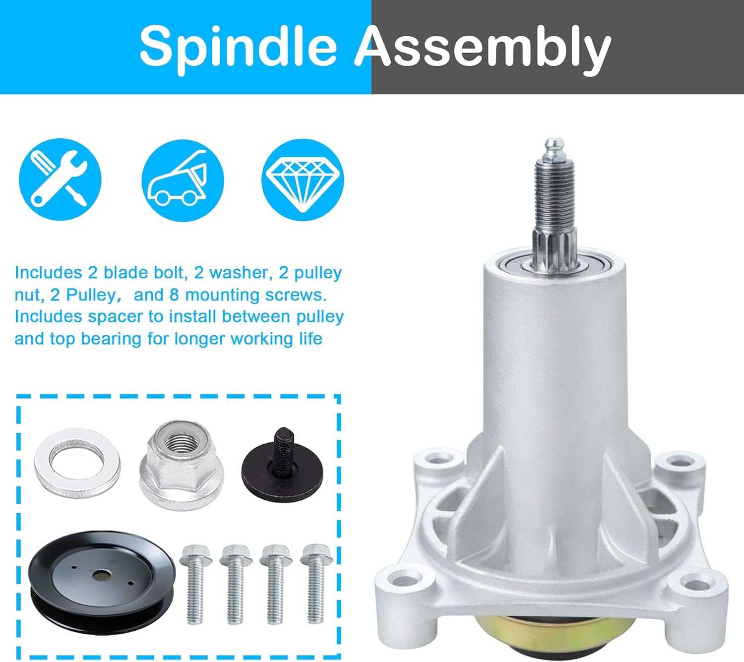 46'' Deck Mower Rebuild Kit 187292 192870 Spindle with 105 3/4" x 1/2" Belt 532405143 with 195945 197473 Pulleys for Husqvarna YTH22V46 2346XLS YTA1946 YTA22V46 YTH18K46