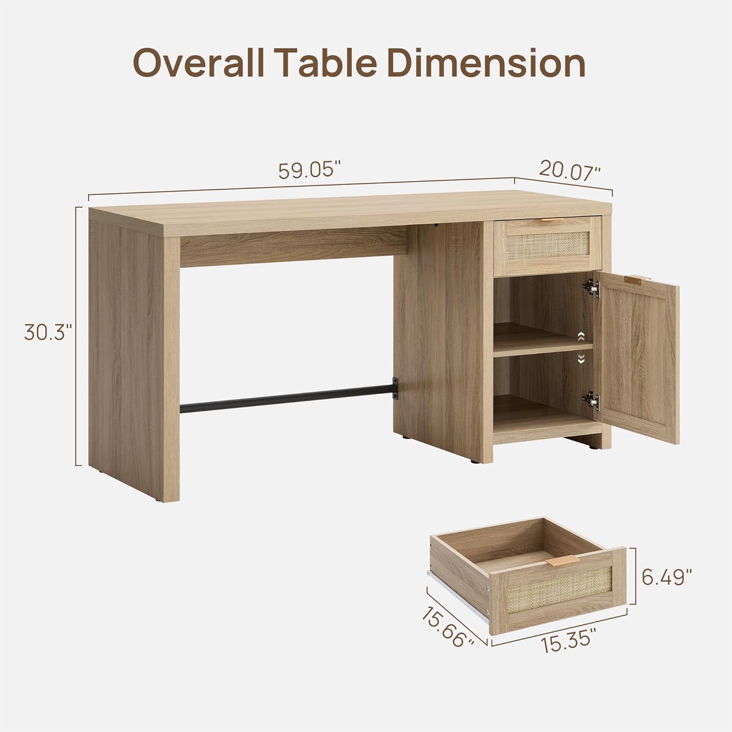 SICOTAS Rattan Home Office Desk with Drawer, 59" Farmhouse Boho Executive Desk with Storage Cabinet, Large Computer Writing Table Vanity Desk for Office, Study, Living Room, Light Oak