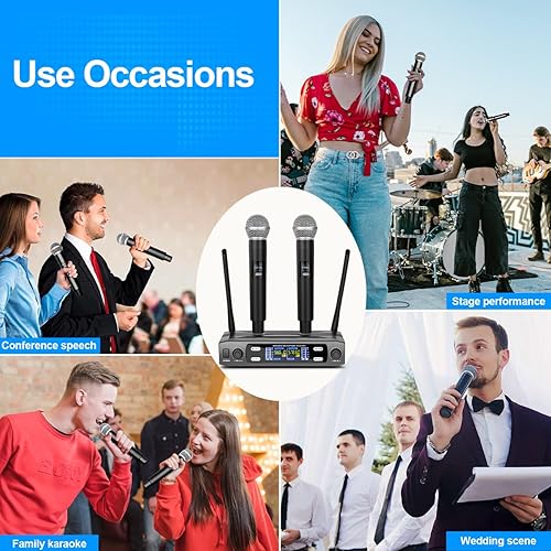 Miniatura 9 de Depusheng Sistema de micrófono inalámbrico, VHF fijo de doble frecuencia inalámbrico con 2 transmisores dinámicos de mano, juego de micrófono