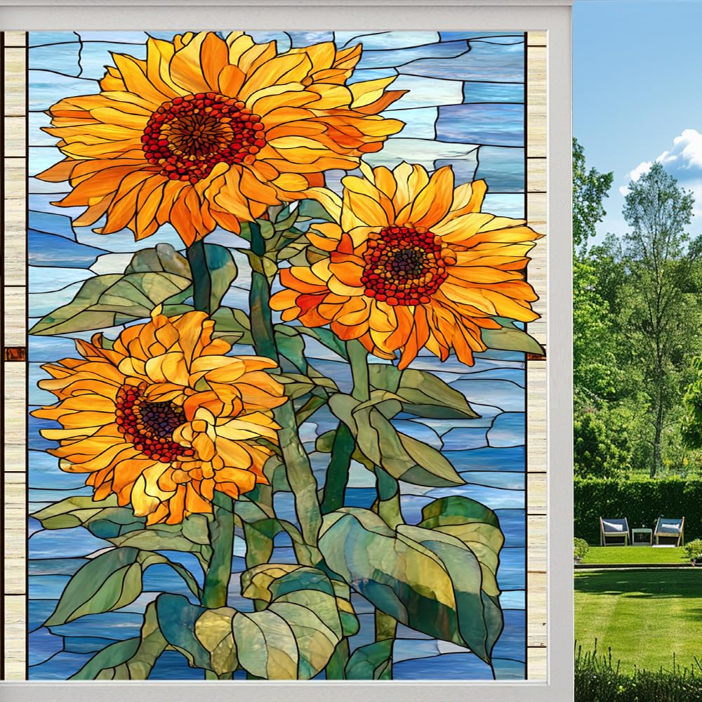 Pmlbaous Natural Sunflower Stained Glass Window Film, Colorful Flower Rustic Peel And Stick Privacy Film, Frosted Adhesive Vinyl Decorative For Bathroom Windows Glass Doors, （55X100cm）