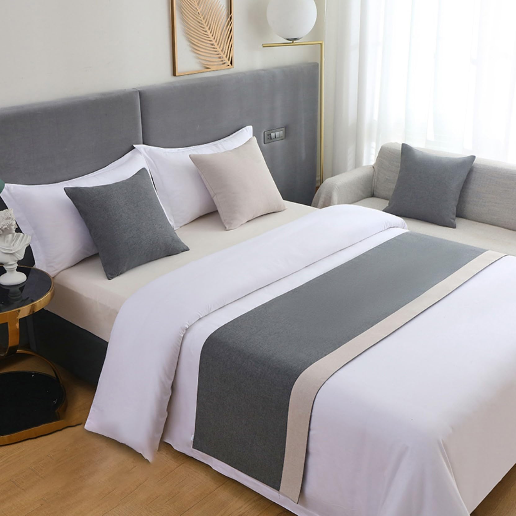 HLASMSPE Cotton Linen Bed Runner Throw, Bedspread Decor Bed Scarf Modern Bedding Cover Protection for Hotel Wedding, Grey White, 50x210cm bed runner for 1.5m bed