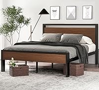 Vista 1 de SHA CERLIN Base de cama de plataforma metálica de tamaño completo de 14 pulgadas con cabecero y pie de cama de madera, base de colchón, no necesita