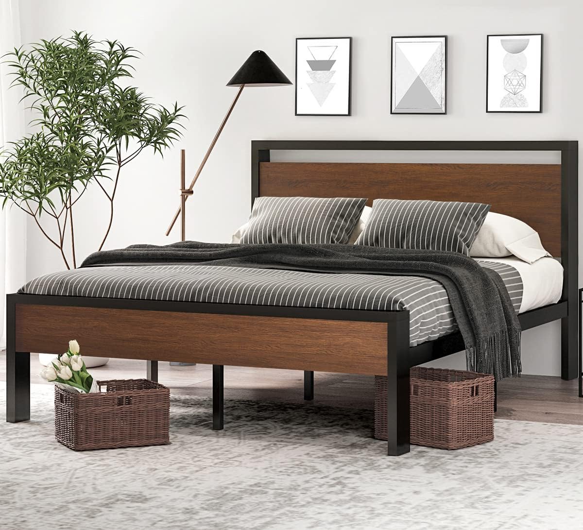 SHA CERLIN Metal Bed QWN Bed Frame, Walnut, Queen