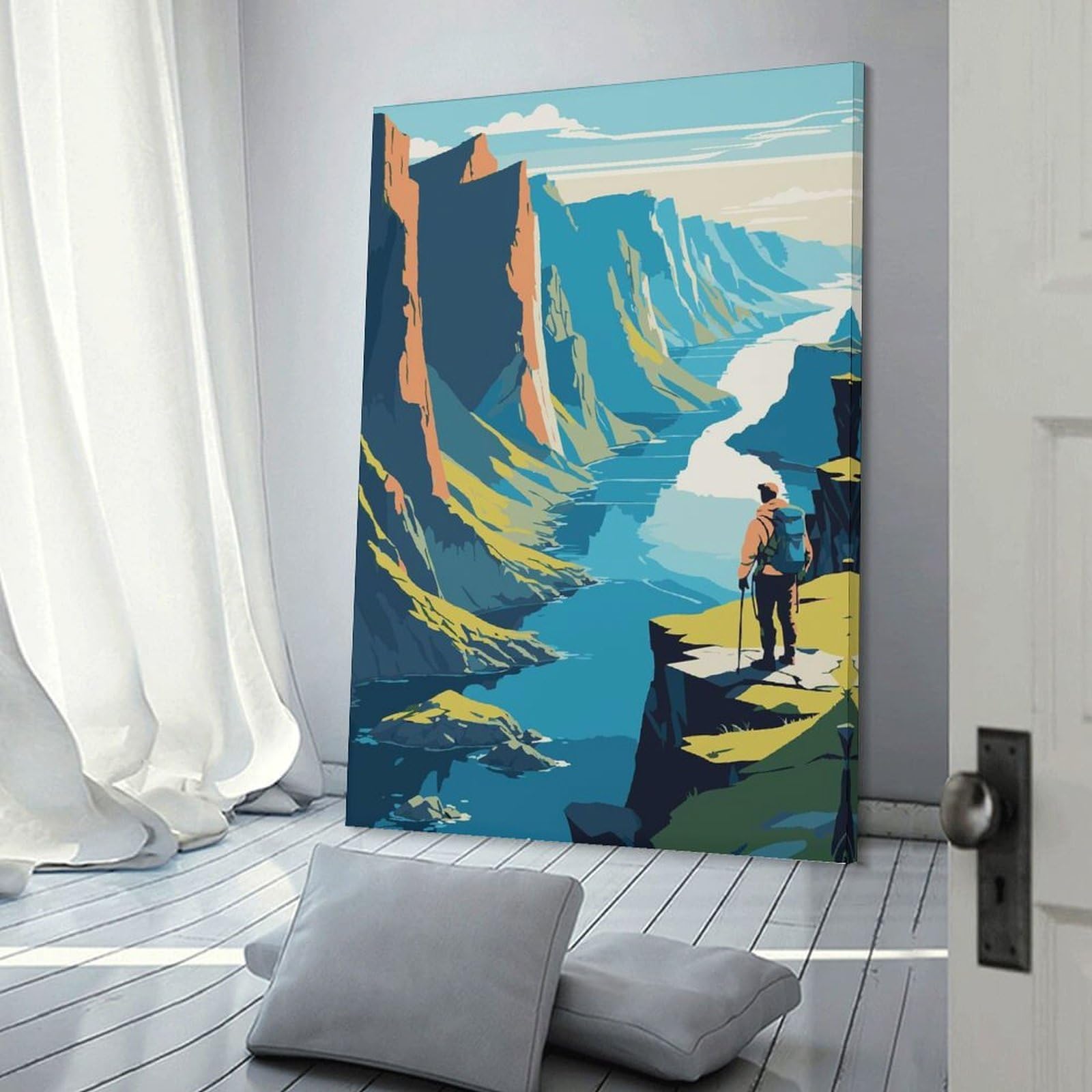 Junmoney Hiker Overlooking Canyon River Landscape Decorative Canvas Print, 24x36inch(60x90cm), for Hallway, Bedroom Or Modern Interiors, Gift Idea for Housewarming And Birthdays