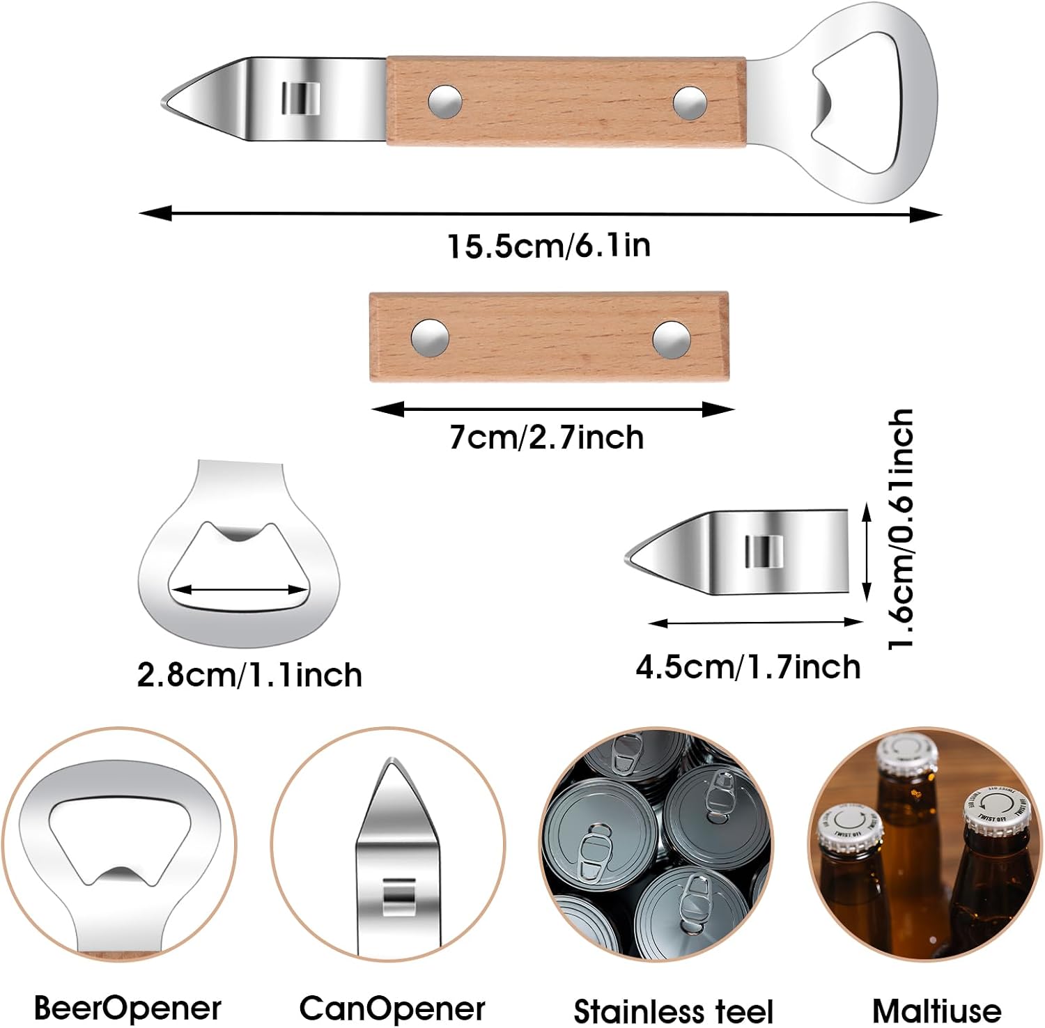 Ouligay 2 Pack Flat Bottle Opener Bartender with Wooden Handle, Can Punch Opener, Stainless Steel Can Opener, Bar Bottle Opener, Dishwasher Safe, Brown