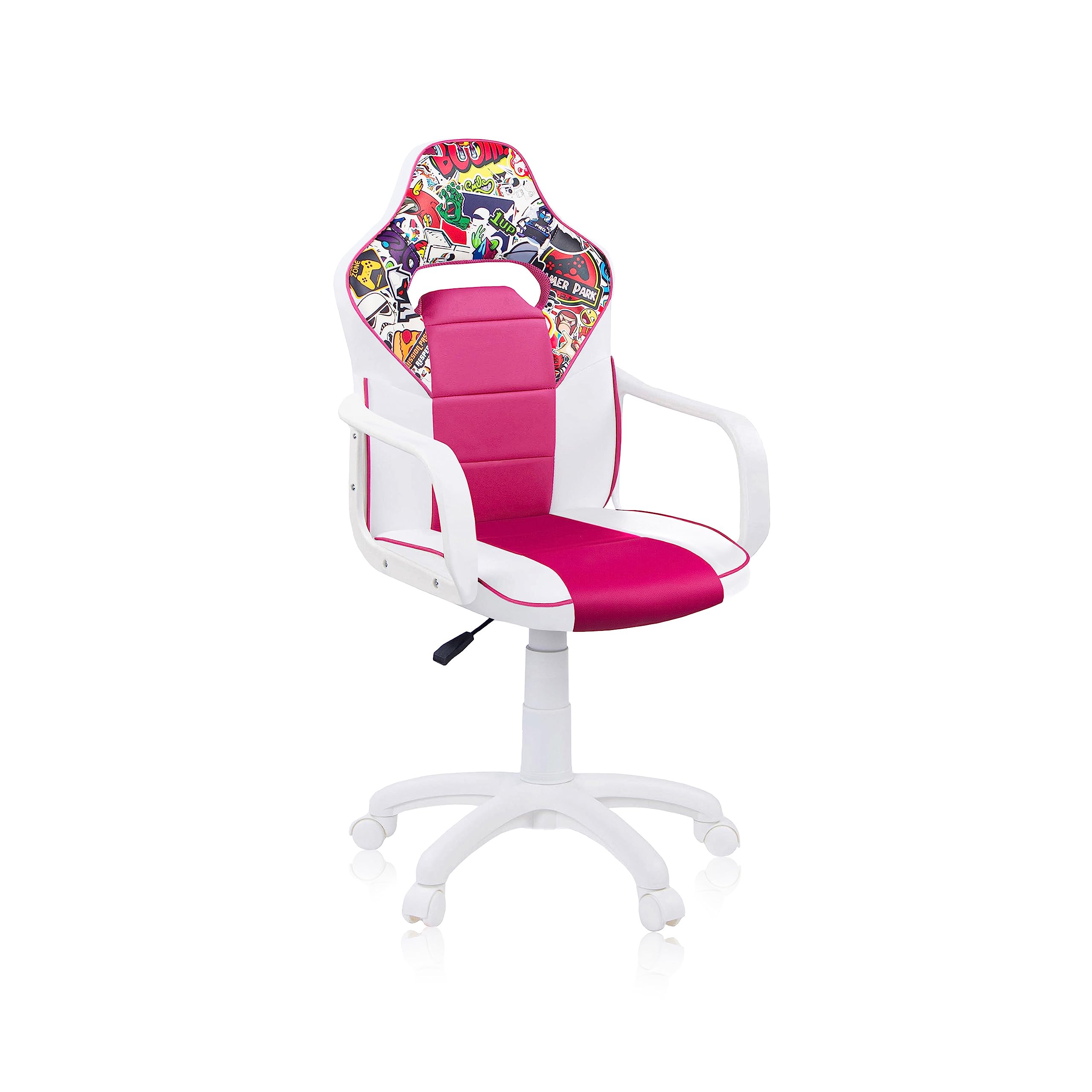 duehome | DRW Sticker, Silla Gamer, Silla de Oficina Gaming Estudio o Escritorio, Acabado en Símil Piel Blanco, Rosa y Sticker, Medidas: 46,5 cm (Ancho) x 46 cm (Largo) x 98-109,5 cm (Alto)
