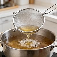 Vista 5 de Cuchara coladora de acero inoxidable con cuchara coladora de mango largo para separación de aceite Malla de alta densidad para servir alimentos