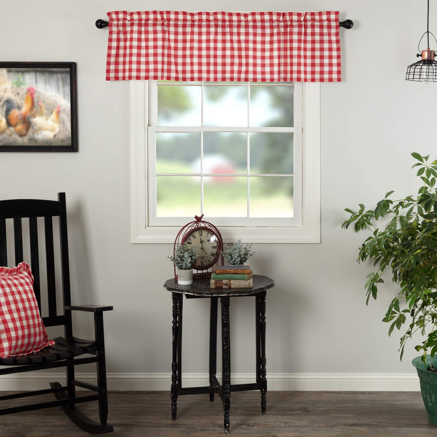 VHC Brands Farmhouse Red Country Buffalo Check Cotton Annie Kitchen Curtains Rod Pocket Hanging Loops 16x60 Valance
