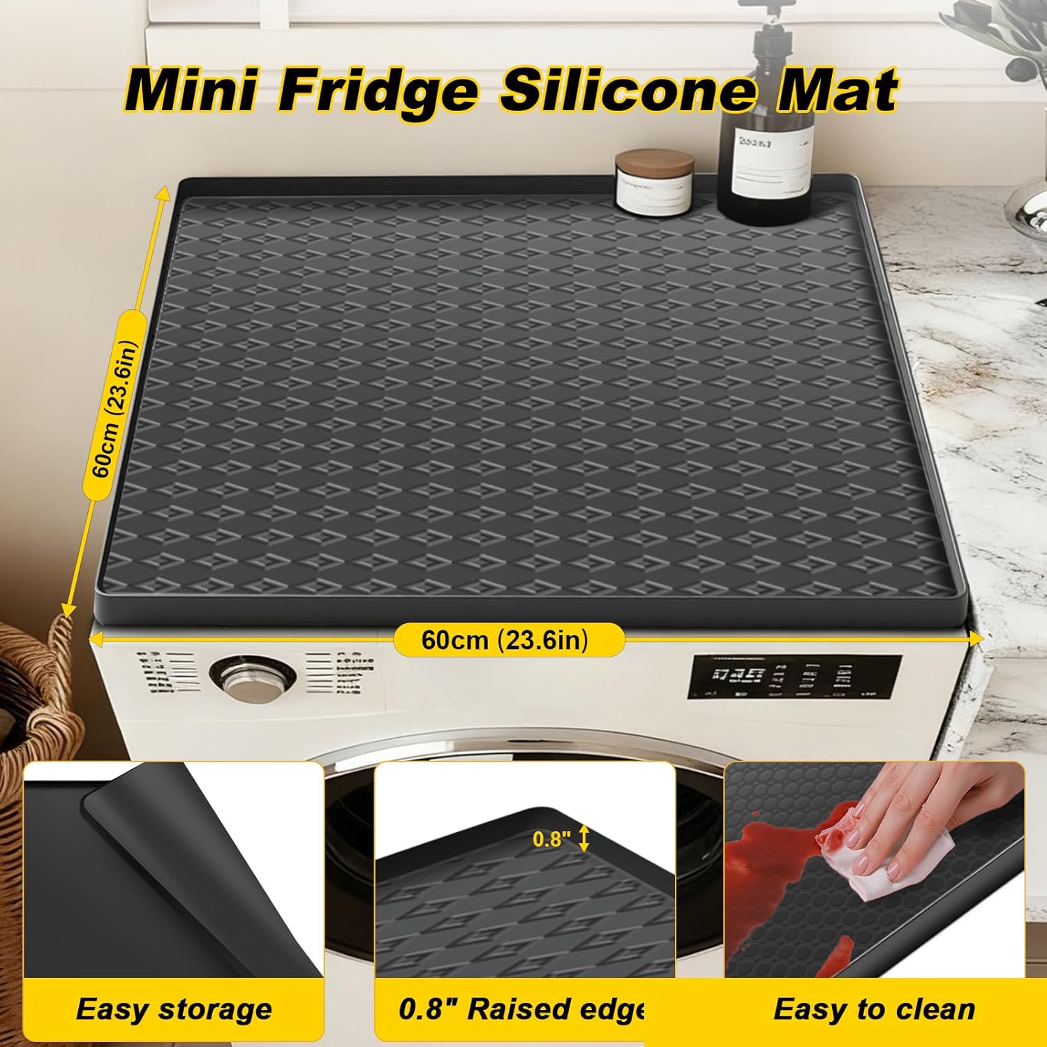 Mini Fridge Silicone Mat 23.6"x23.6"x0.4", Silicone Mat for Mini Fridge Non-Slip Drip Pan, Diamond Pattern Appliance Protector for Refrigerators, Washers, Dryers (Black)