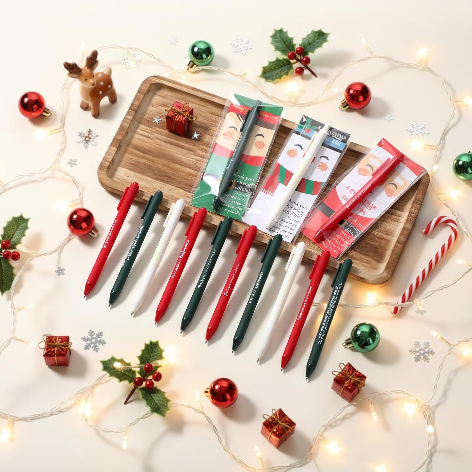Gueevin 30 Set Christmas Pens Gifts Bulk for Coworkers Santa Inspirational Claus Pens Novelty Snowman Elf with Thank You Cards Christmas Gift Ideas for Office Staff Team Coworker Volunteer (Colorful)