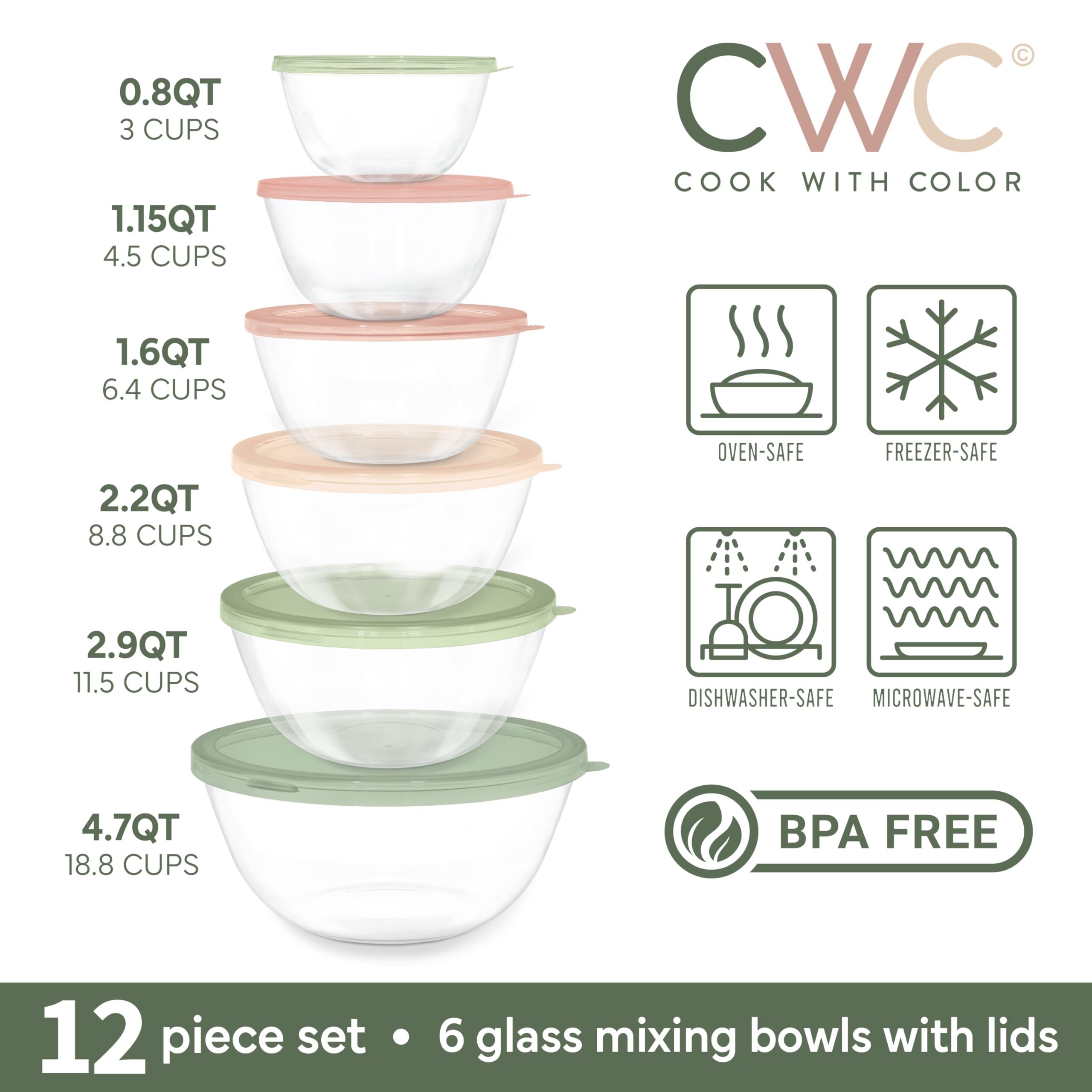 COOK WITH COLOR Juego de 12 cuencos de vidrio para mezclar con tapas, cuencos de vidrio de borosilicato para cocinar, hornear y preparar comidas, multicolor
