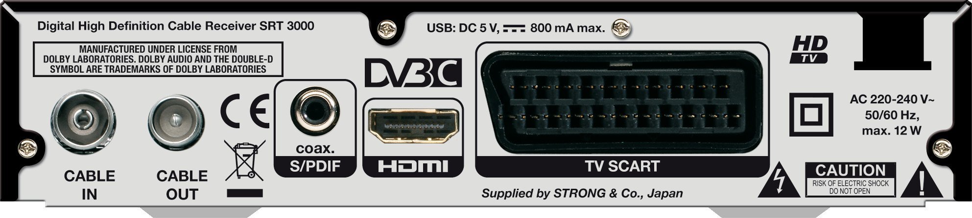STRONG SRT 3000 Kabelreceiver für digitales Kabelfernsehen in HD (HDTV, DVBC, DVB-C, USB, HDMI, SCART, EPG, Radioprogramme) mit Display - schwarz