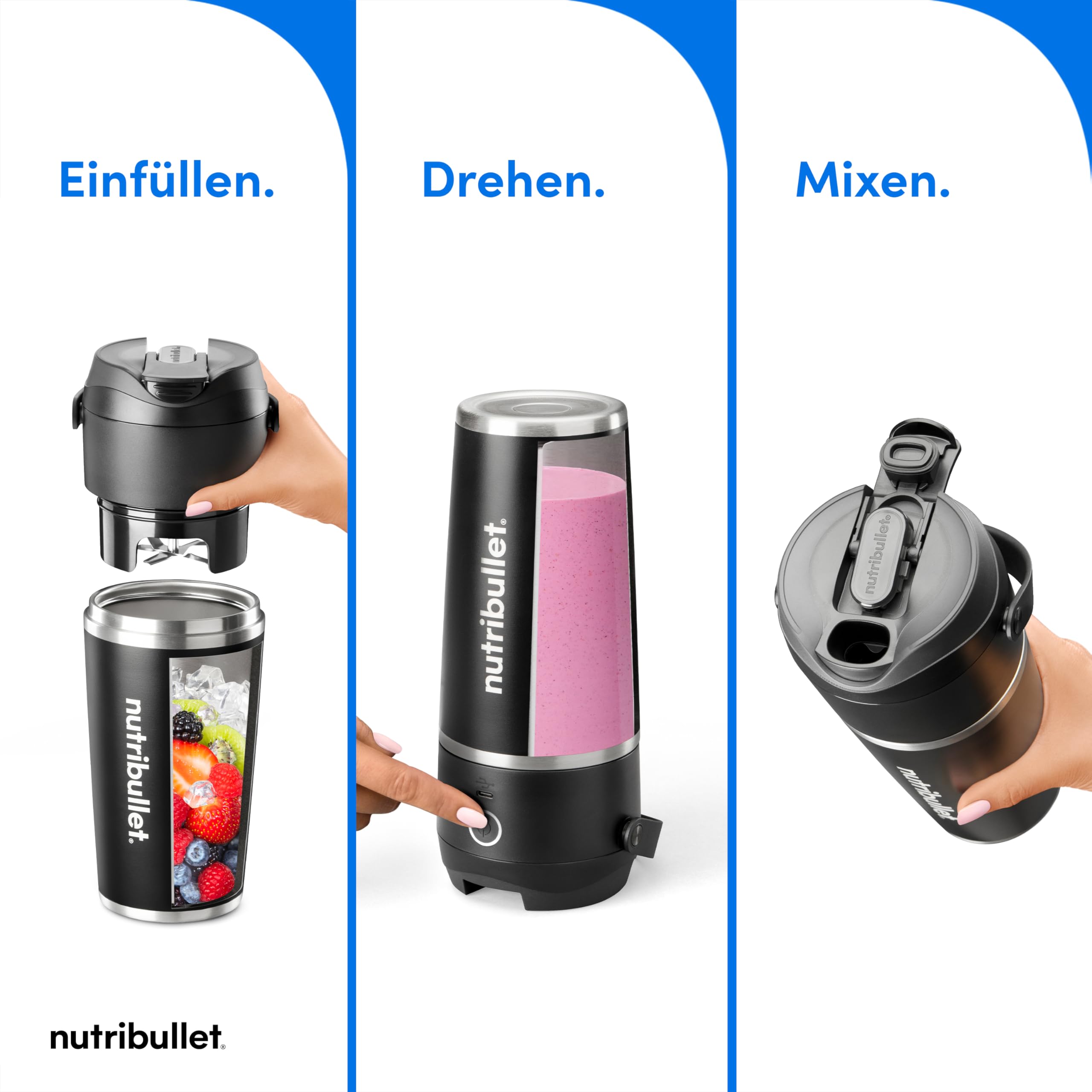 nutribullet Flip, Smoothie Maker to go, 590 ml isolierter Edelstahl Thermobecher, kabellos, wiederaufladbar für 14+ Mixvorgänge, tragbarer 2in1 mini Mixer, zerkleinert Eis & Obst, Schwarz, NBP016B