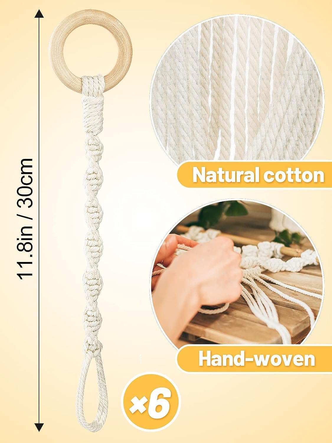 6 Pack Connectable Macrame Plant Hanging Extenders Durable Macrame Rope Plant Hanger with Wooden Ring Handmade Woven Plant Basket Extender for Indoor Outdoor Plant Pot Holder Home Decoration