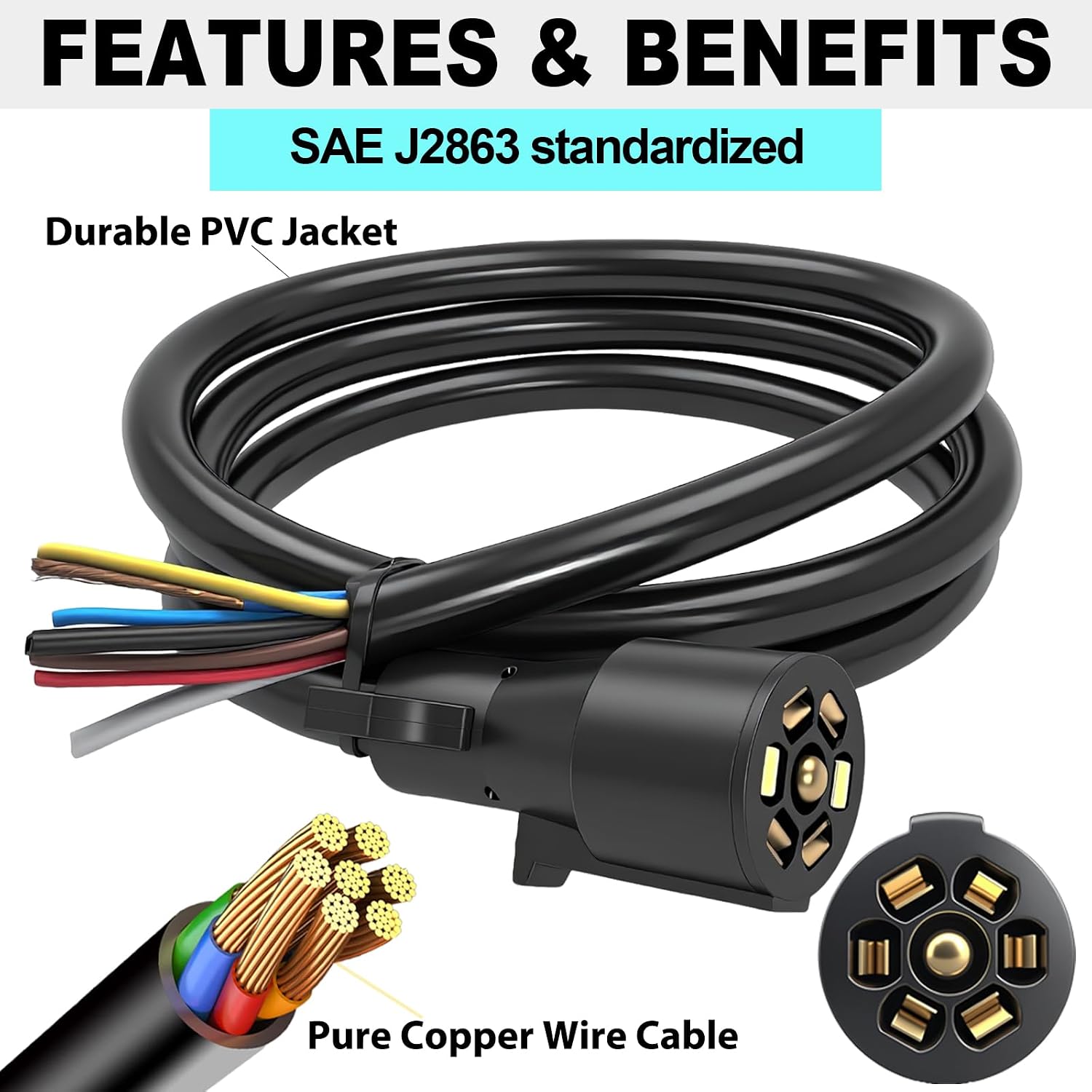 7 Way Trailer Cord, Heavy Duty 7 Way Trailer Plug Inline Cord Wire Harness Cable Double Prongs Connector 7 pin Trailer Wiring Harness 8 Feet for Camper Blade Molded RV Cable Wire(8ft)