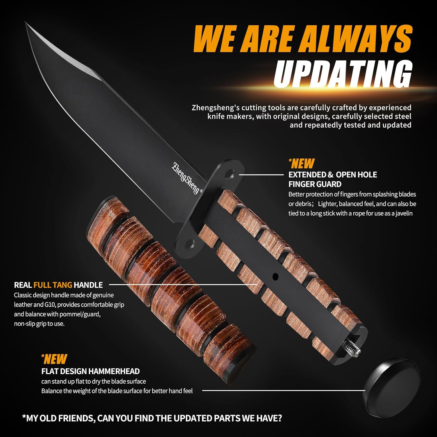 ZhengSheng 7.0 inches Fixed Blade Knife - Perfect PVD Titanium Coating DC53 Steel Blade Bowie Knife with Leather Sheath for Camping, Hiking, Survival