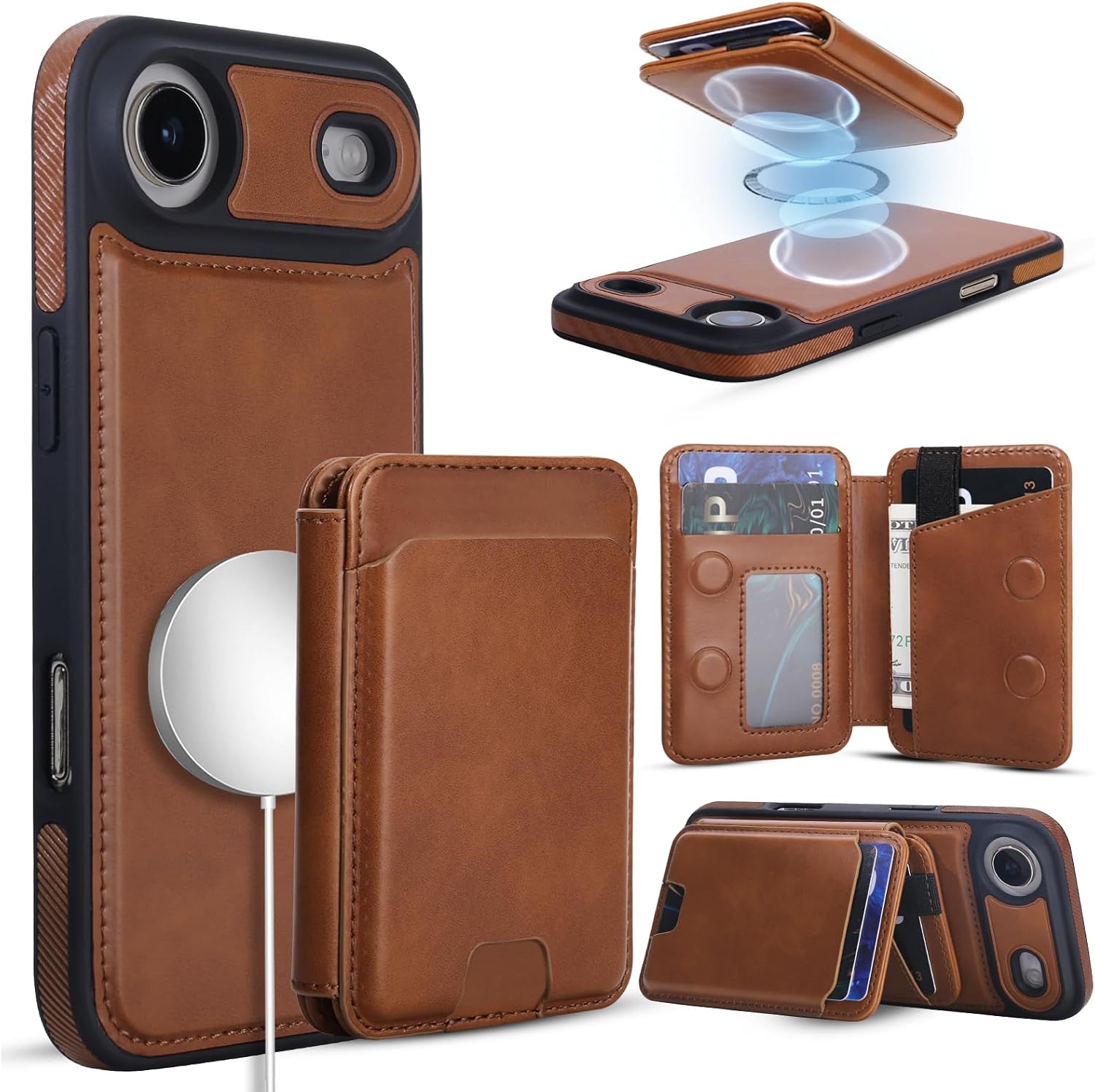 ASAPDOS Magnetic Detachable Wallet Case for iPhone 17 Air with Kickstand,2-in-1 MagSafe Compatible RFID Blocking Card Holder,Slim PU Leather Cover Brown
