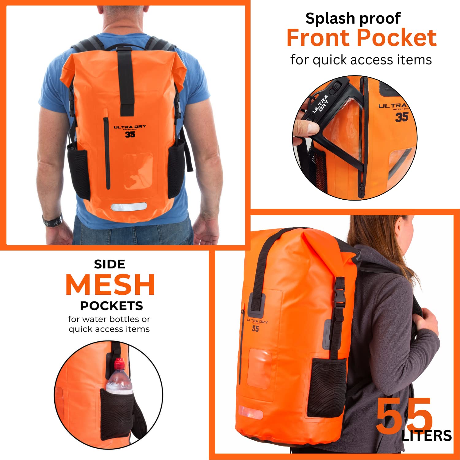 Ultra Dry Adventurer Mochila Impermeable 35 L y 55 L, con Bolsa Seca para teléfono, navegación/Kayak/Senderismo/Canoa/Pesca/Rafting/natación/Camping