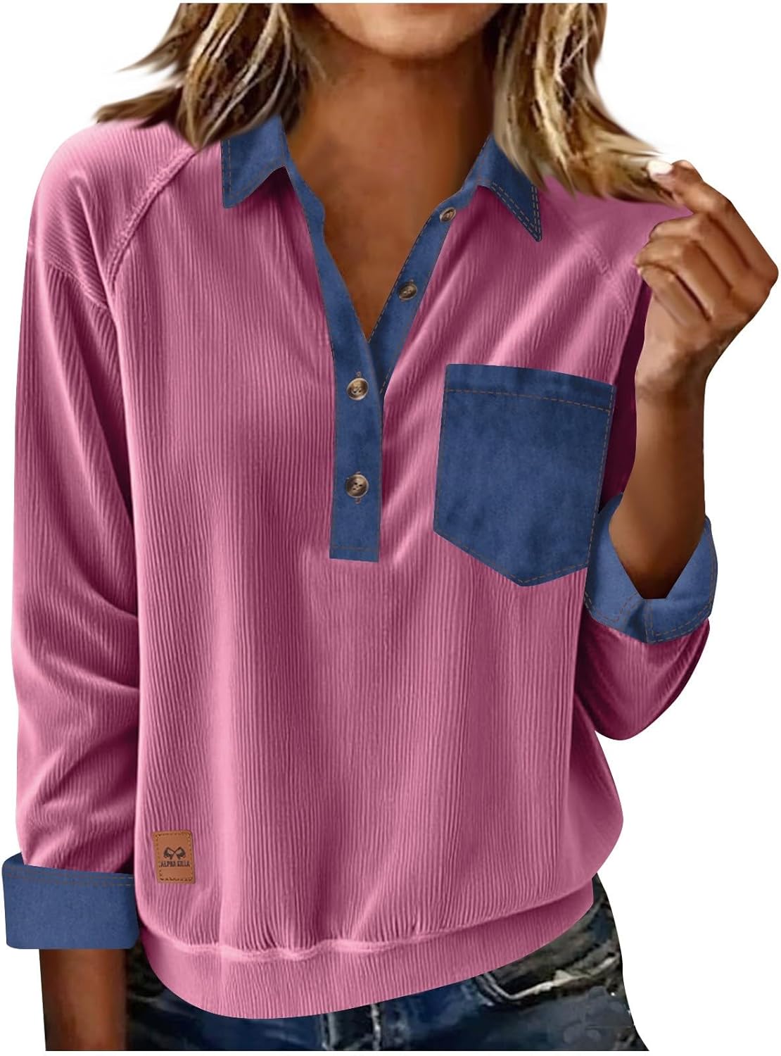 JOAU Women's Long Sleeve Denim Patchwork Lapel Shirts Dressy Casual V Neck Button Down Business Blouse Work Pocket Tunic Top