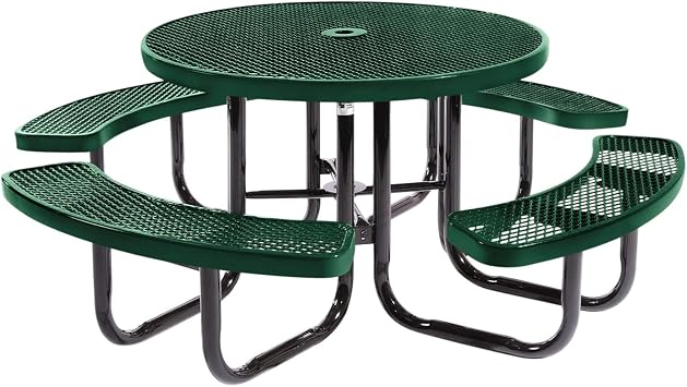 Coated Outdoor Furniture Heavy-Duty Portable Outdoor Picnic Table with Umbrella Hole, Expanded Metal Commercial-Grade Patio Dining Furniture Made in America 46" Round Top, Textured Green