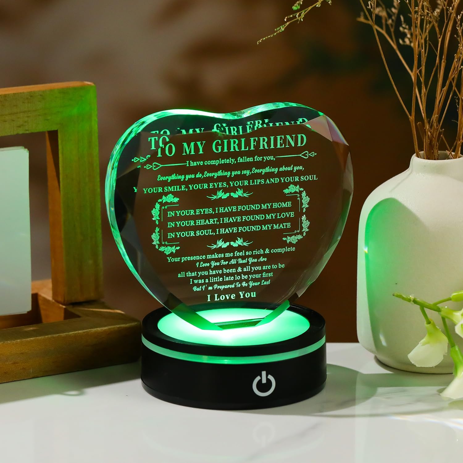 Bluebook Romantic Gifts for Girlfriend from Boyfriend, Heart-Shaped Crystal Plaque with Multicolor LED Base, Laser Engraving Couple Souvenir Gifts-I Have Completely Fallen for You