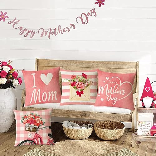 Miniatura 6 de Juego de 4 fundas de almohada de 18 x 18 pulgadas para el Día de la Madre, diseño floral de clavel rosa, fundas de almohada con texto en inglés "I