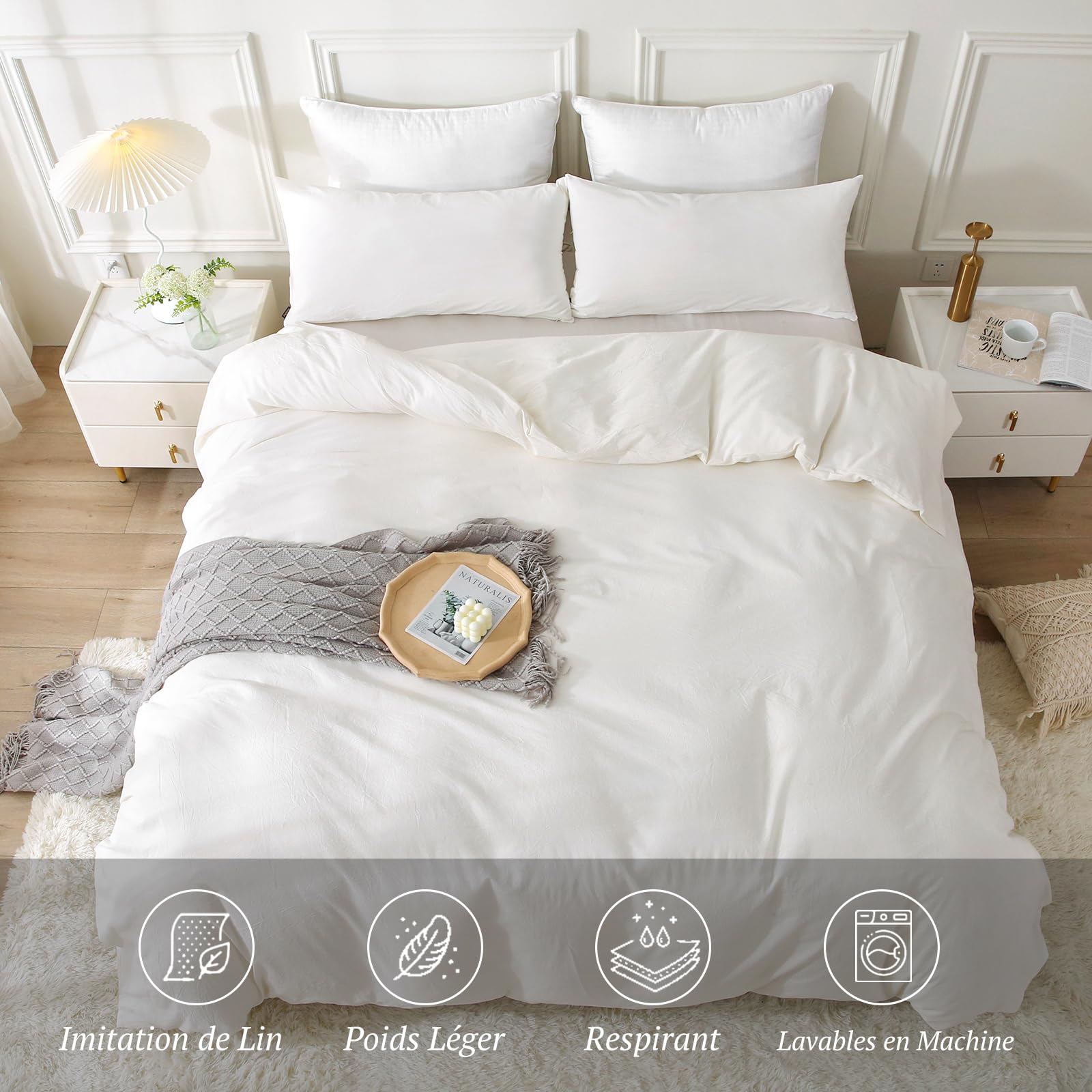 SOULFUL - Funda nórdica de 200 x 200 cm, algodón, blanco lechoso con cremallera, 100% algodón lavado, textura lino, juego de cama de 200 x 200 cm, algodón con 2 fundas de almohada de 65 x 65 cm