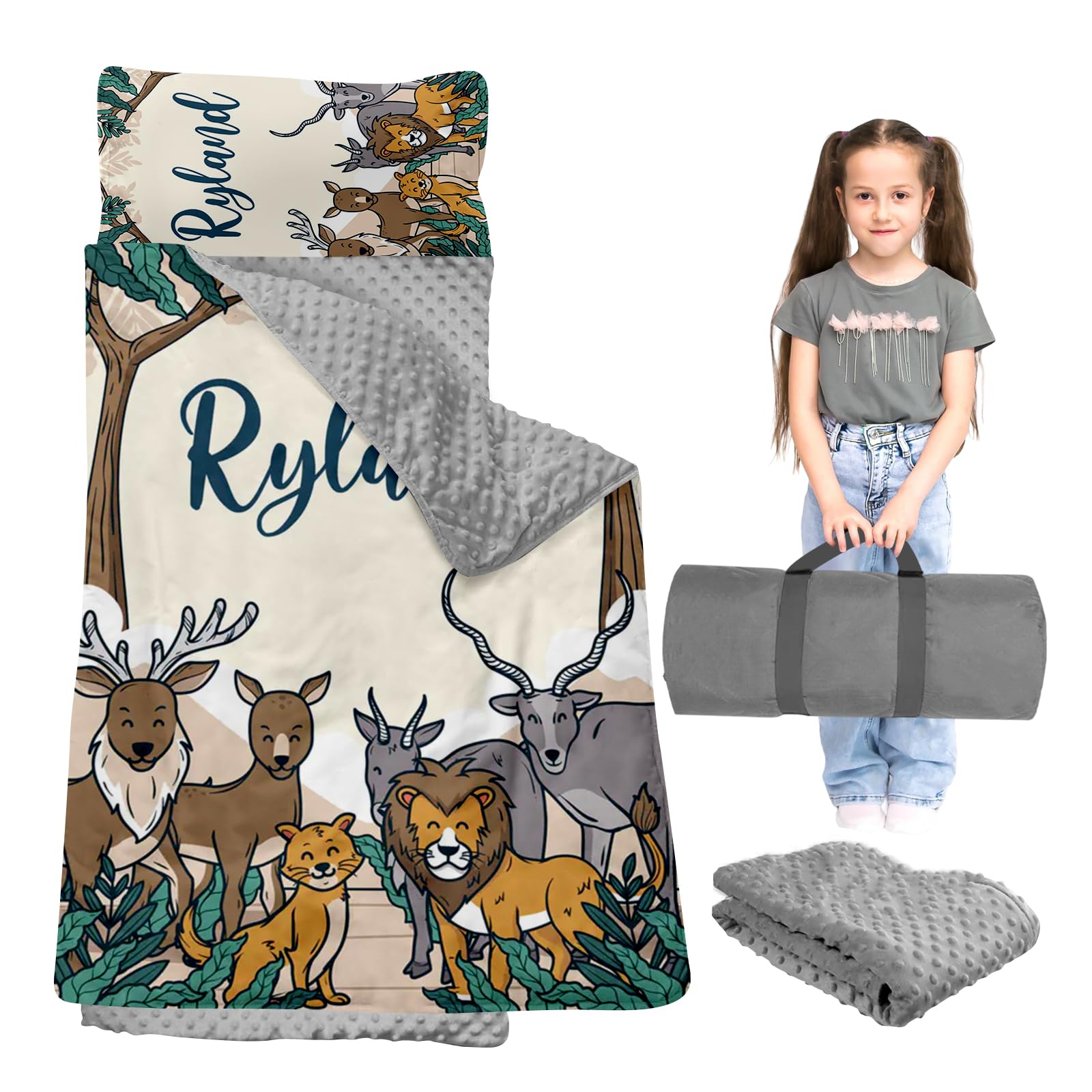 Lewari Custom Name Toddler Nap Mat for Boys Girls, Personalized Animals Nap Mats All in One Set, Personalized Name Deer Lion Sleeping Bag with Pillow Cover and Nap Blanket