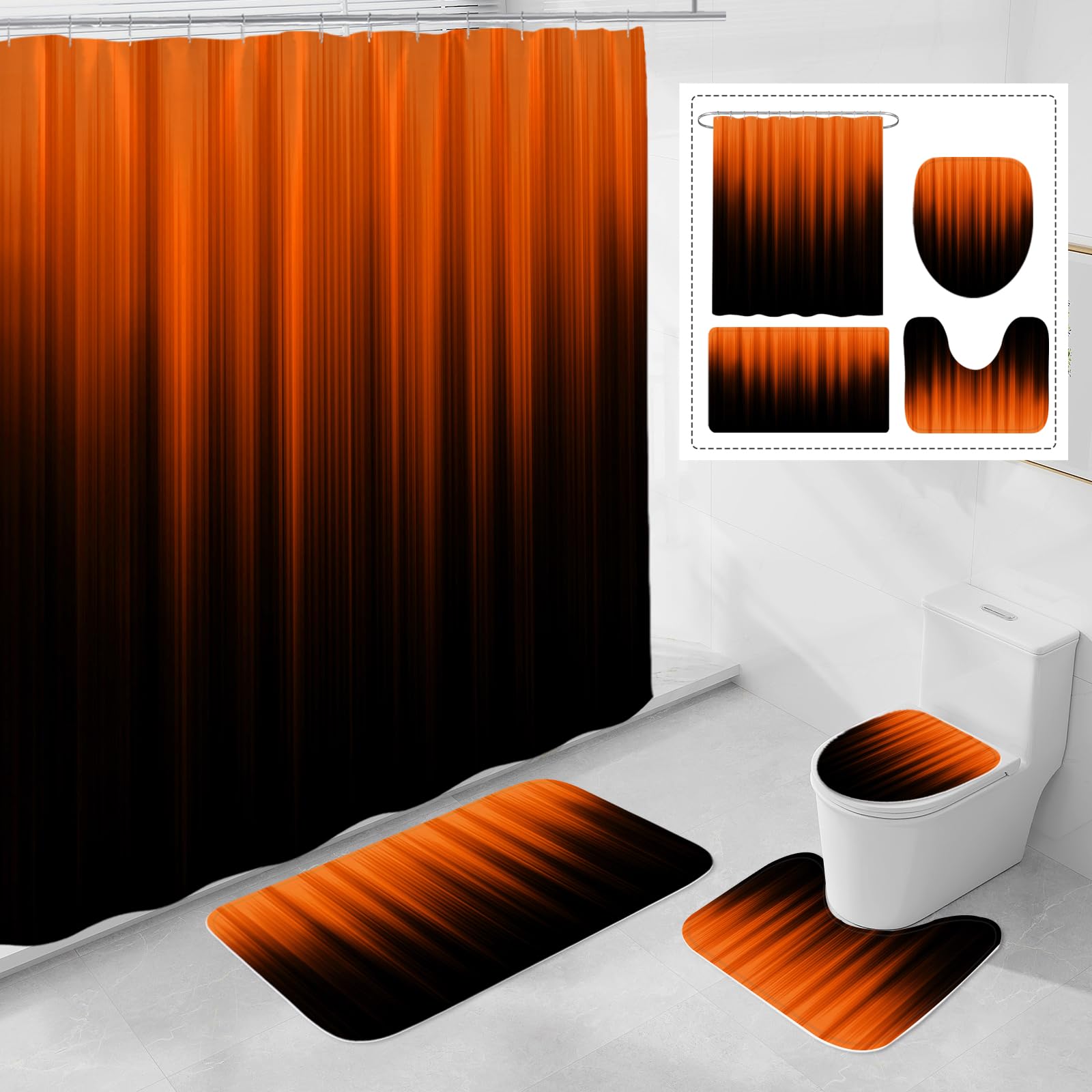 Litabel 4 Pcs Orange and Black Gradient Shower Curtain Set with Rugs and Toilet Lid Cover, Modern Simple Waterproof Fabric Bathroom Set, Ombre Stripe