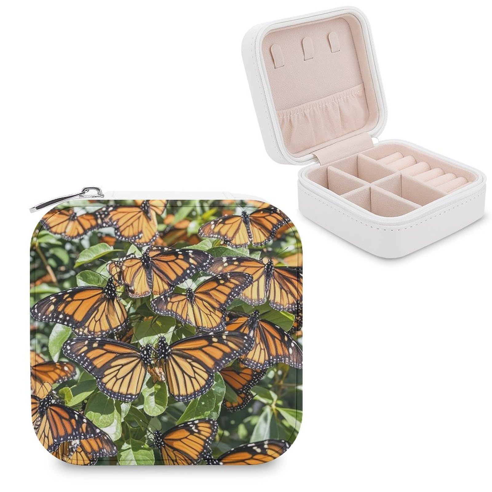 FekiLoot Heaps of Orange Monarch Butterflies Jewelry Case Personalized Leather Jewelry Box Mini Travel Jewelry Case Small Portable Jewelry Organizer for Ring Earrings Necklace Bracelet