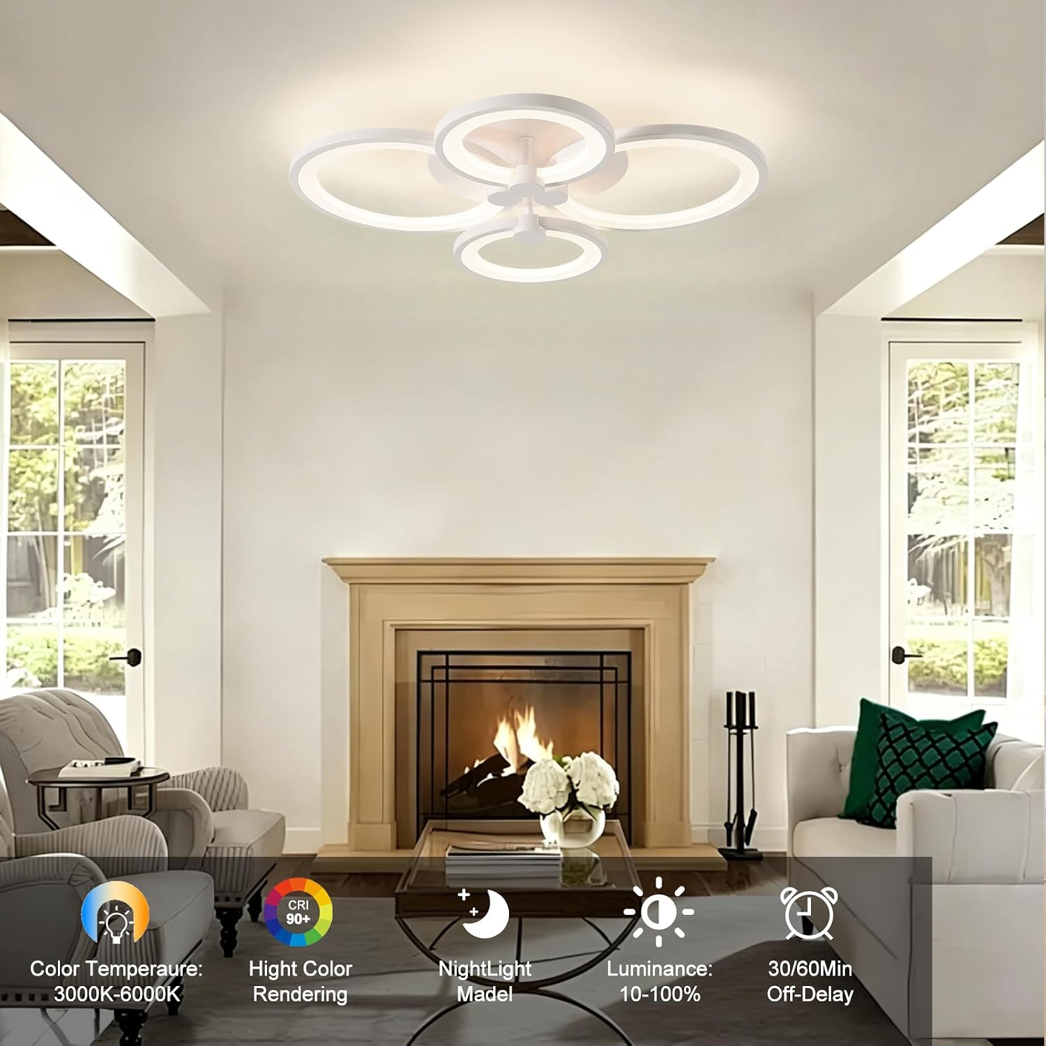 LED Ceiling Lights Dimmable Flush Mount Chandelier, 4-Ring Modern Acrylic LED Ceiling Lamp Fixture with Remote Control Indoor Low-Profile Lighting for Living Room, Dining Room, Bedroom Kitchen (White)