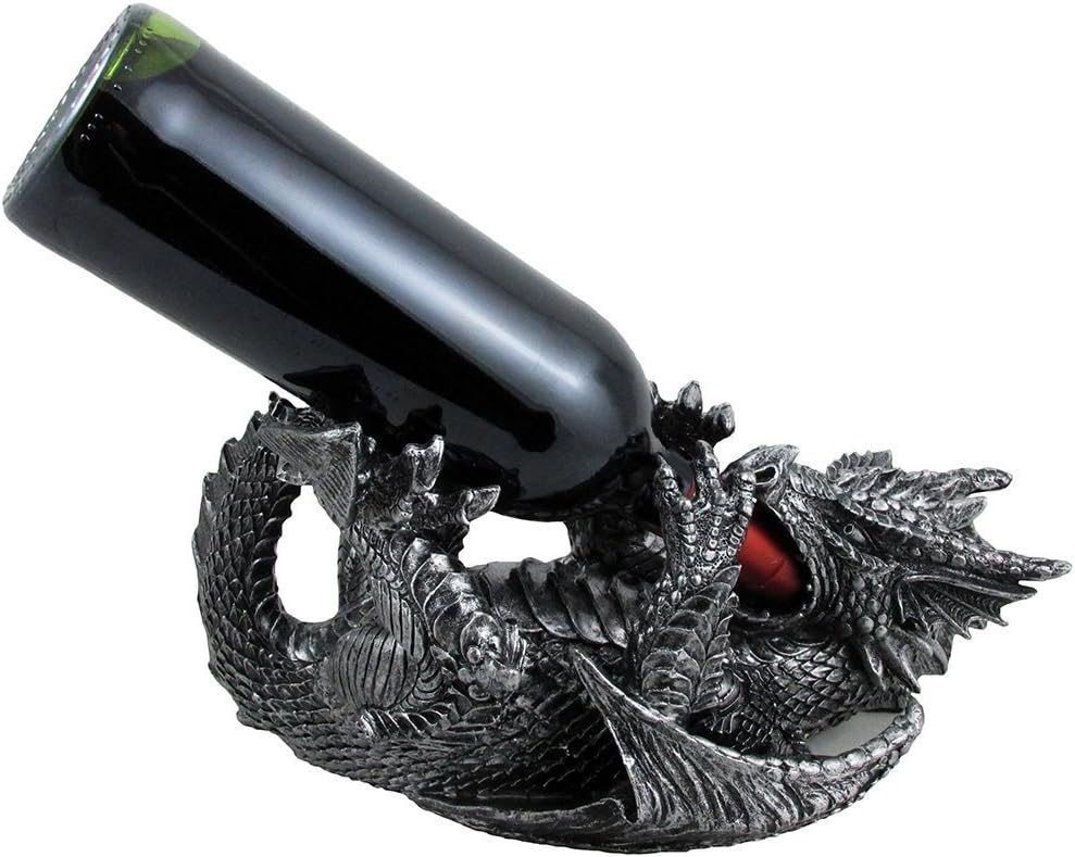 Mythical Dragon Wine Bottle Holder Statue in Medieval & Fantasy Bar or Kitchen Table Decor Sculptures and Decorative Gothic Racks and Stands As Gifts for Wine Lovers