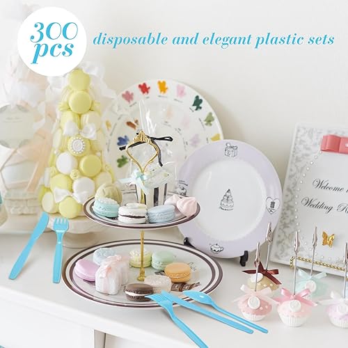 Miniatura 5 de Juego de 300 cubiertos de plástico resistentes, 100 tenedores de plástico, 100 cucharas de plástico y 100 cuchillos de plástico, utensilios