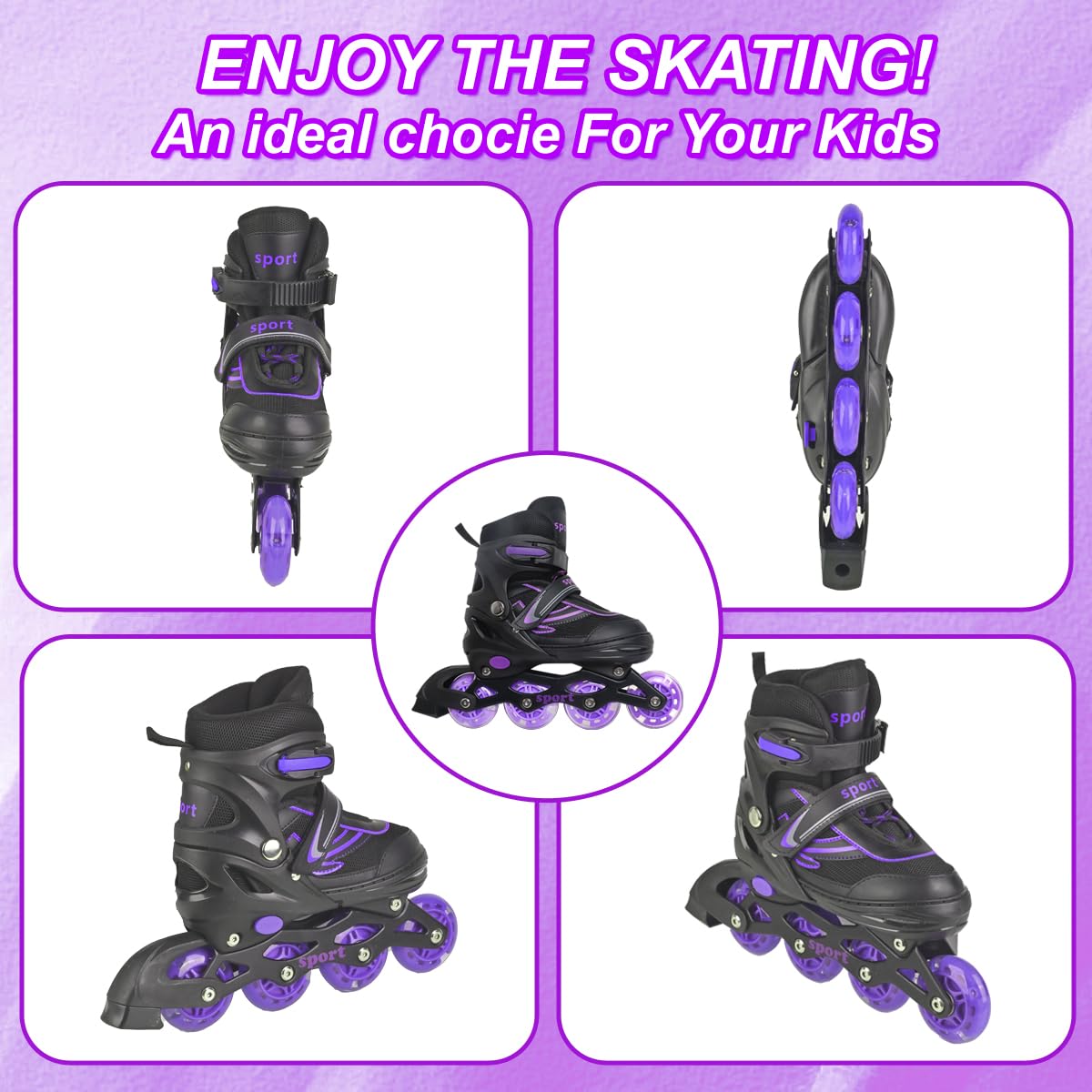 Einstellbare Inline Skates für Kinder Mädchen Jungen Anfänger, Inline Skates mit Light Up Räder für Kinder und Jugendliche für drinnen draußen Sport Violett & Blau