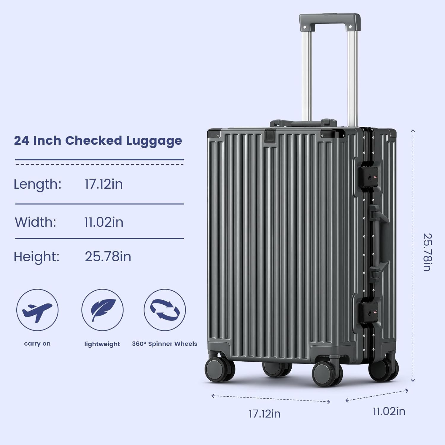 Carry On Luggage, 24 Inch Zipperless Luggage, Aluminum Frame Hardside Suitcase with TSA Lock, Spinner Wheels, Phone Holder, Charging Port, Cup Holder for Lightweight Travel, Grey