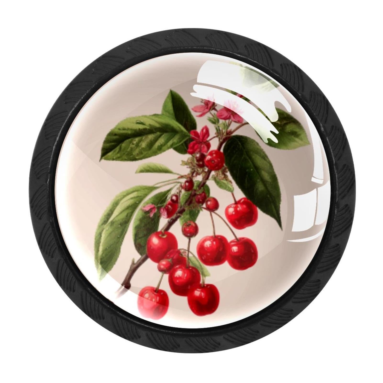 CHENZZZZ 4 Pack Cherry Fruit and Red Berry Branch (2) Drawer Knobs Round Shaped Crystal Glass Cabinet Knobs Pull Handles