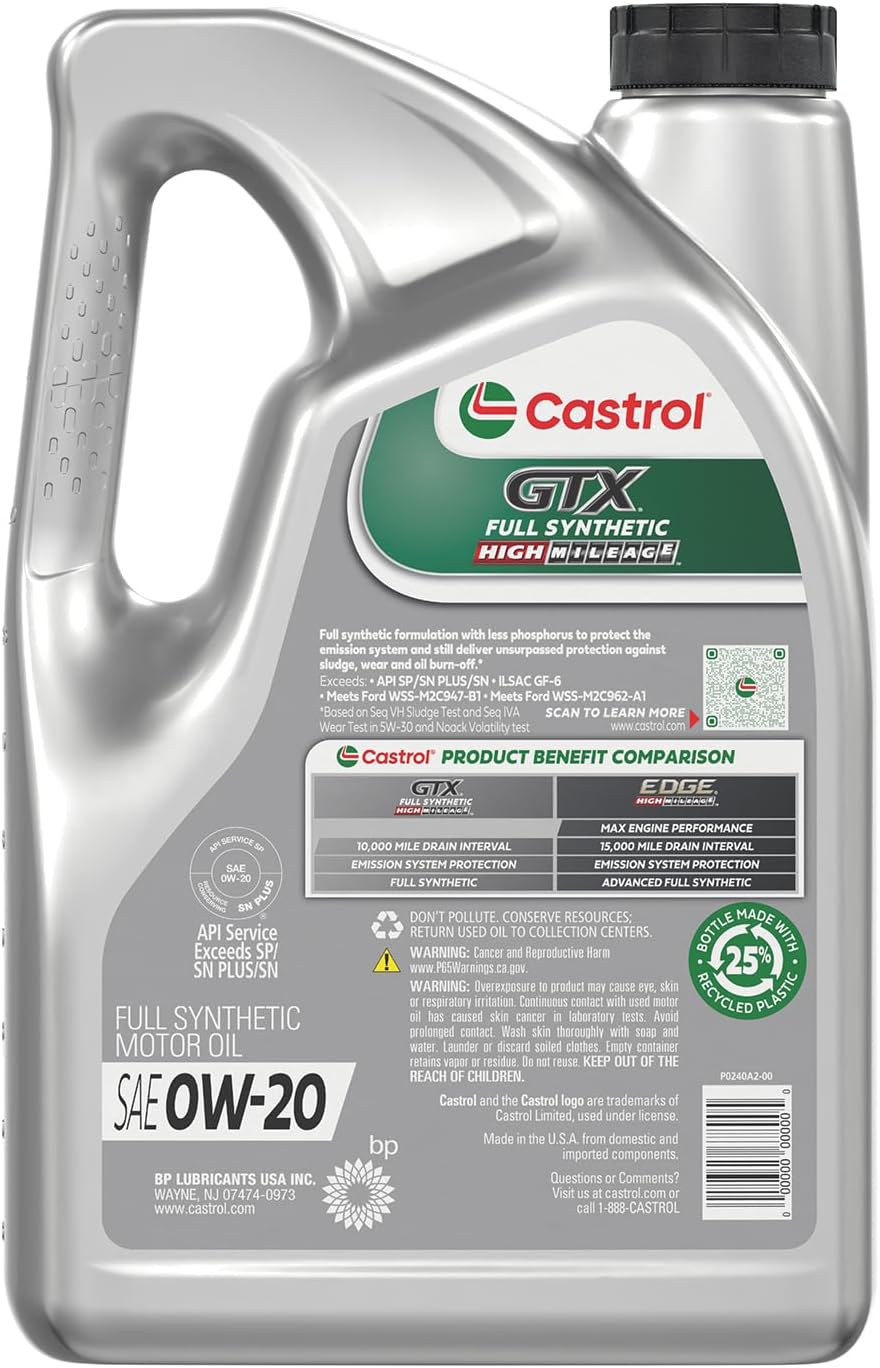 Castrol GTX Full Synthetic High Mileage 0W-20 Motor Oil, 5 Quart - Image 3