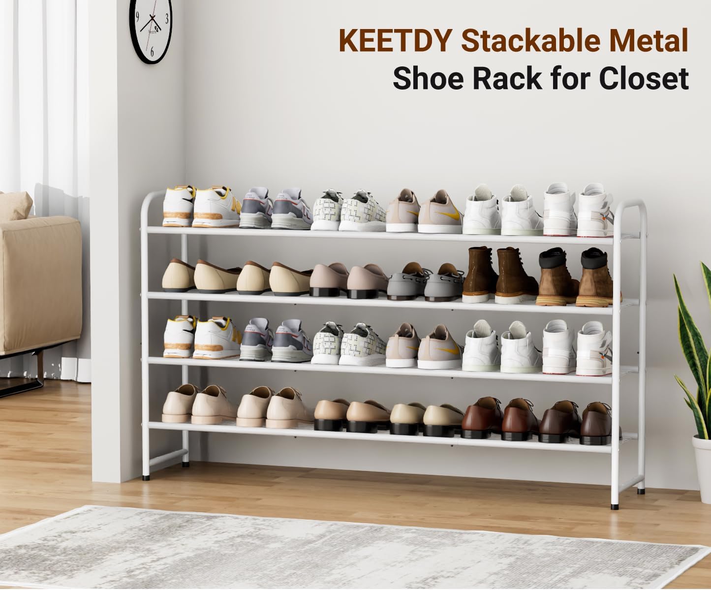 KEETDY 4-Tier Long Shoe Rack for Closet Floor, Wide Shoe Organizer Storage, Stackable Shoe Rack for Entryway Metal Shoe Shelf for 30 Pairs Men Sneakers with Wire Grid for Bedroom, White