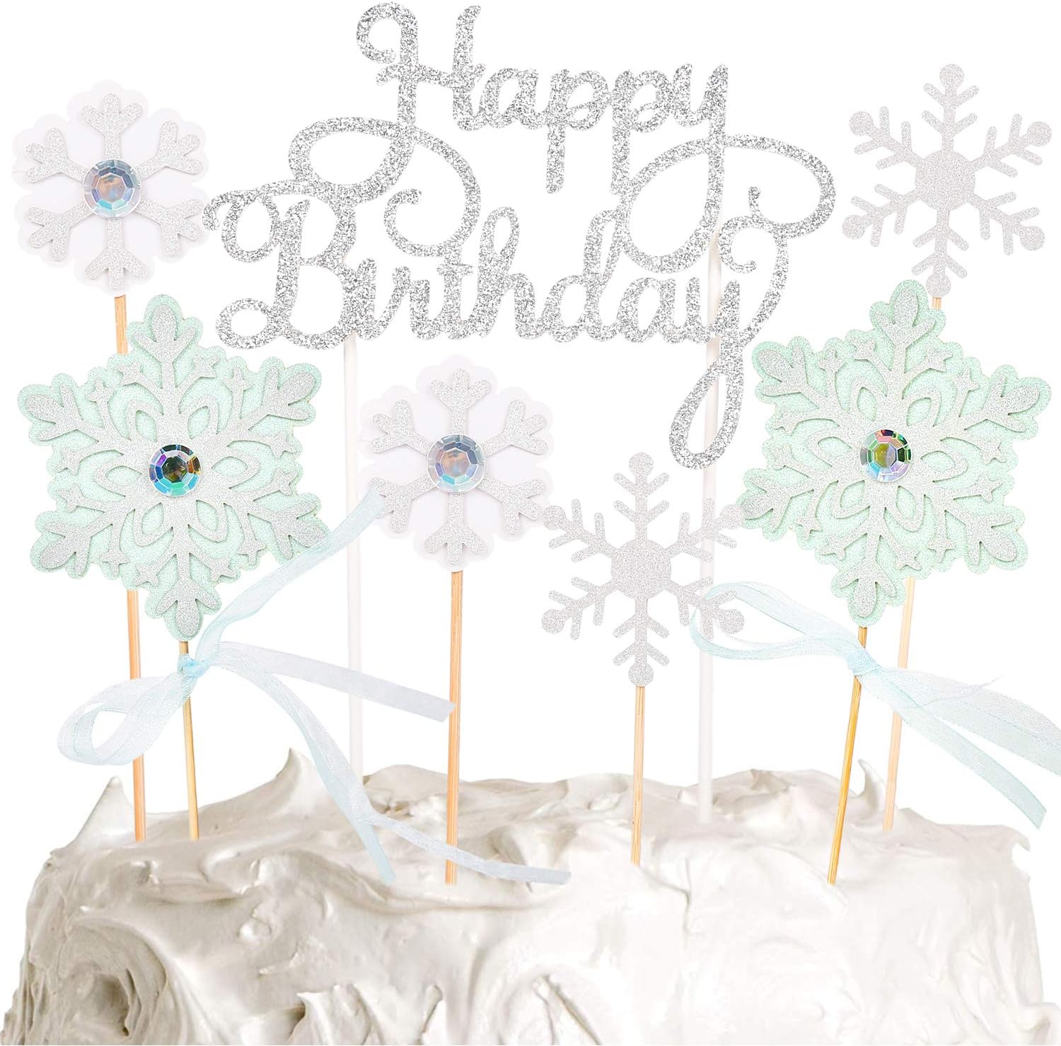 PartyWoo Frozen Cake Toppers, 7 pcs Snowflake Happy