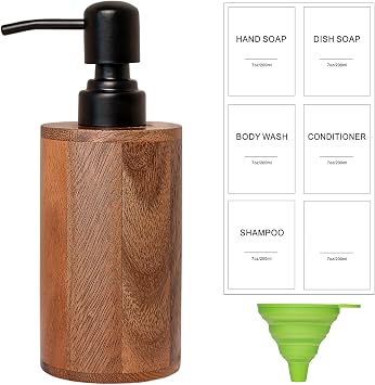 Walnut Wood Soap Dispenser with Pump, Funnel & Label, Refillable Hand Soap Dispenser for Bathroom & Kitchen, Cylinder Design, Rustic Countertop Decor7oz/200ml