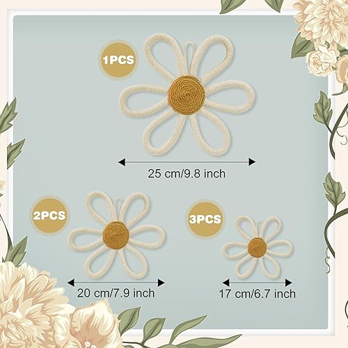 Miniatura 2 de 6 piezas de decoración de pared bohemia con margaritas, flores tejidas para colgar en la pared, decoración floral bohemia beige con cordón para