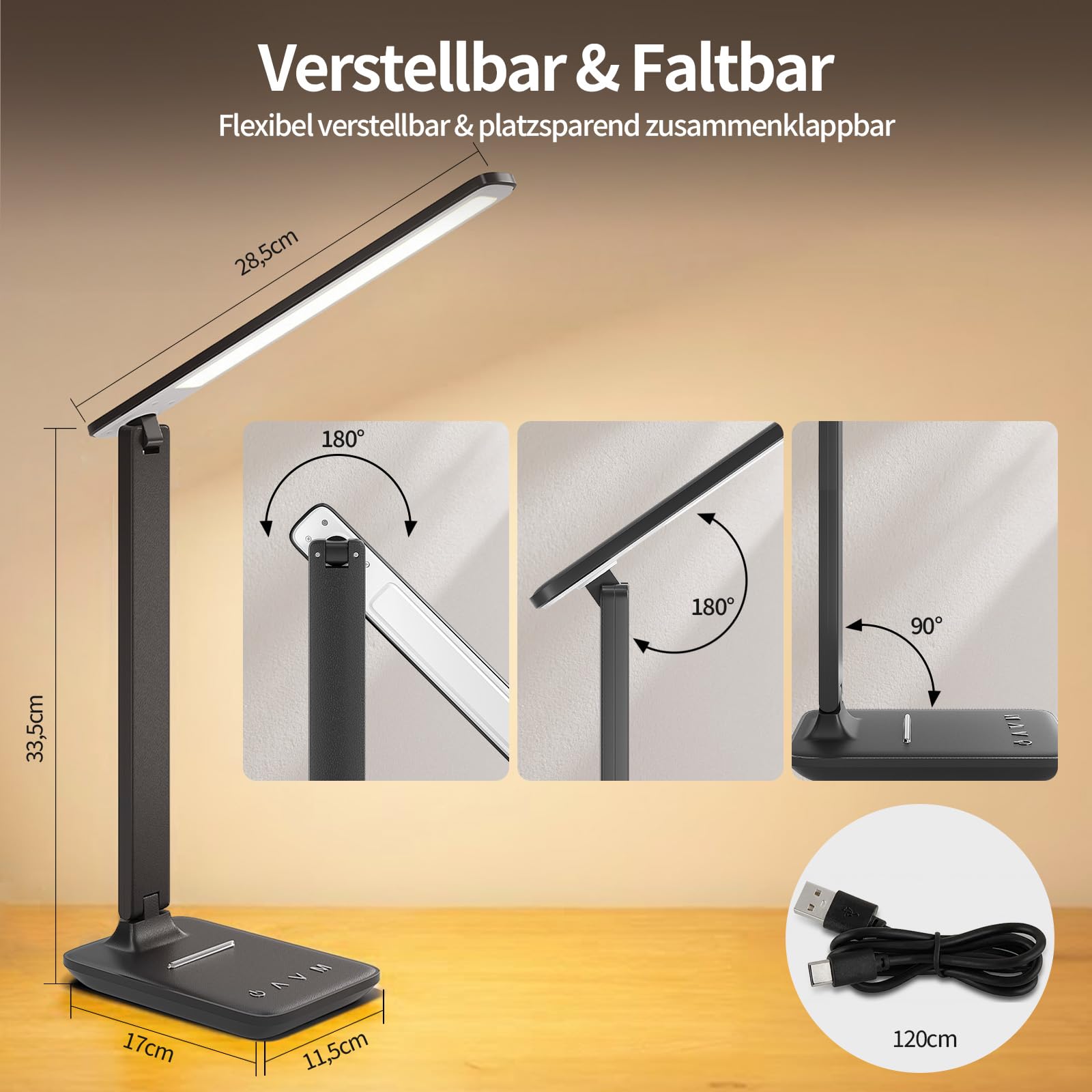 Lámpara De Escritorio LED, Lámpara De Mesilla Regulable Con Luz De Cuidado Ocular Y Puerto De Carga USB-A, 5 Modos De Luz Y 5 Niveles De Brillo, Luz De Lectura Plegable Para Dormitorio