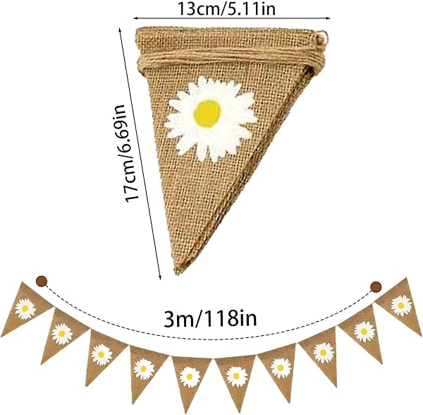 12 Pcs Daisy Burlap Bunting Banner, Garden Flower Bunting Decorations for Parties and Celebrations, Hessian Floral Bunting for Indoor and Outdoor Use, Easter Bunting for Home Decor - 2