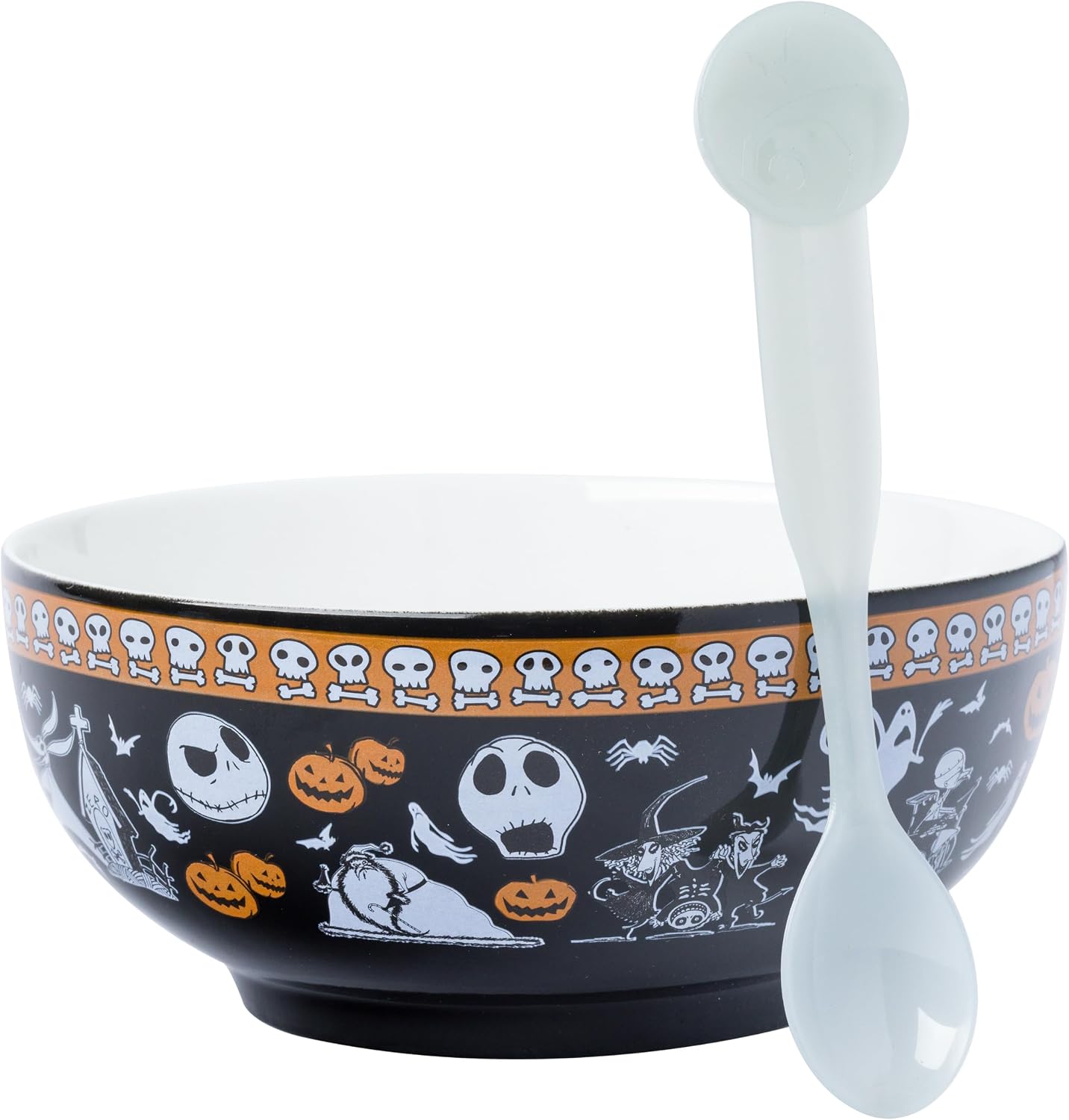 Silver Buffalo Disney Tim Burton's Nightmare Before Christmas Featuring Jack Skellington, Oogie Boogie, Sally, Dr. Finkelstein, Lock, Barrel, and Zero Ceramic Bowl with Color Changing Spoon, 28 Ounces