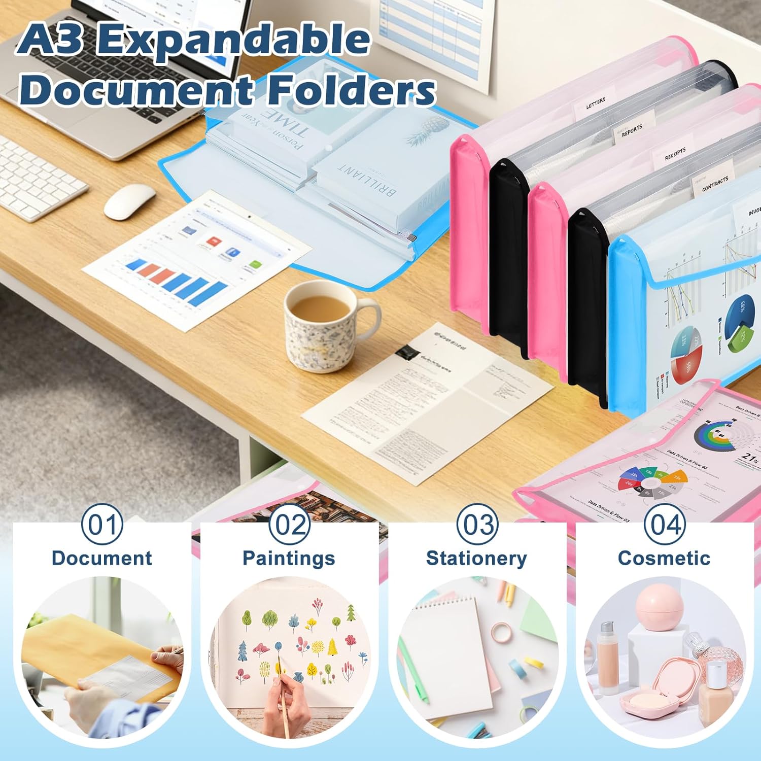 6 PCS 11 x 17 Inch Expandable Tabloid Size Document Folder with Label A3 Plastic Folders for Documents Expanding File Wallet Envelope Size Waterproof Black Pink Blue Clear Plastic File Pouch