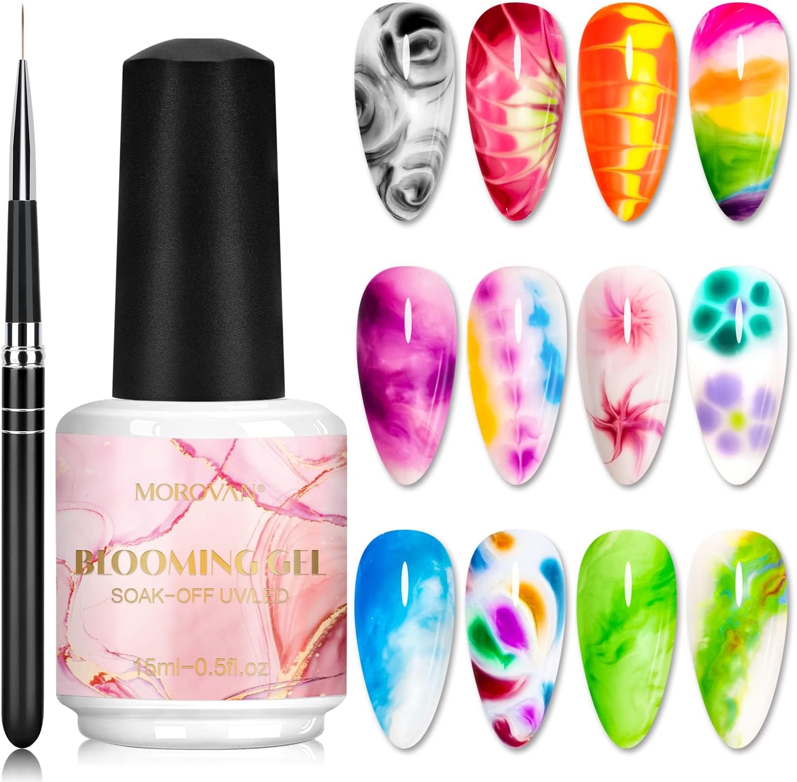 Morovan Nail Blooming Gel Kit - Soak off UV LED Clear Blooming Gel Nail Polish for Spreading Effect Marble Watercolor Gel Polish 15ml 0.5floz with Nail Brush
