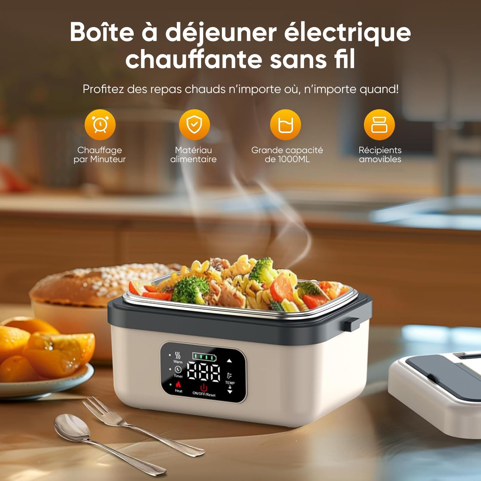 1L Gamelle Chauffante Batterie,Lunch Box Chauffante Batterie,Préchauffage,Fond Scellé Joint Caoutchouc, Démontable Lavable,Étudiants/Salariés/Chauffeurs/Ouvriers du Bâtiment (Blanc)